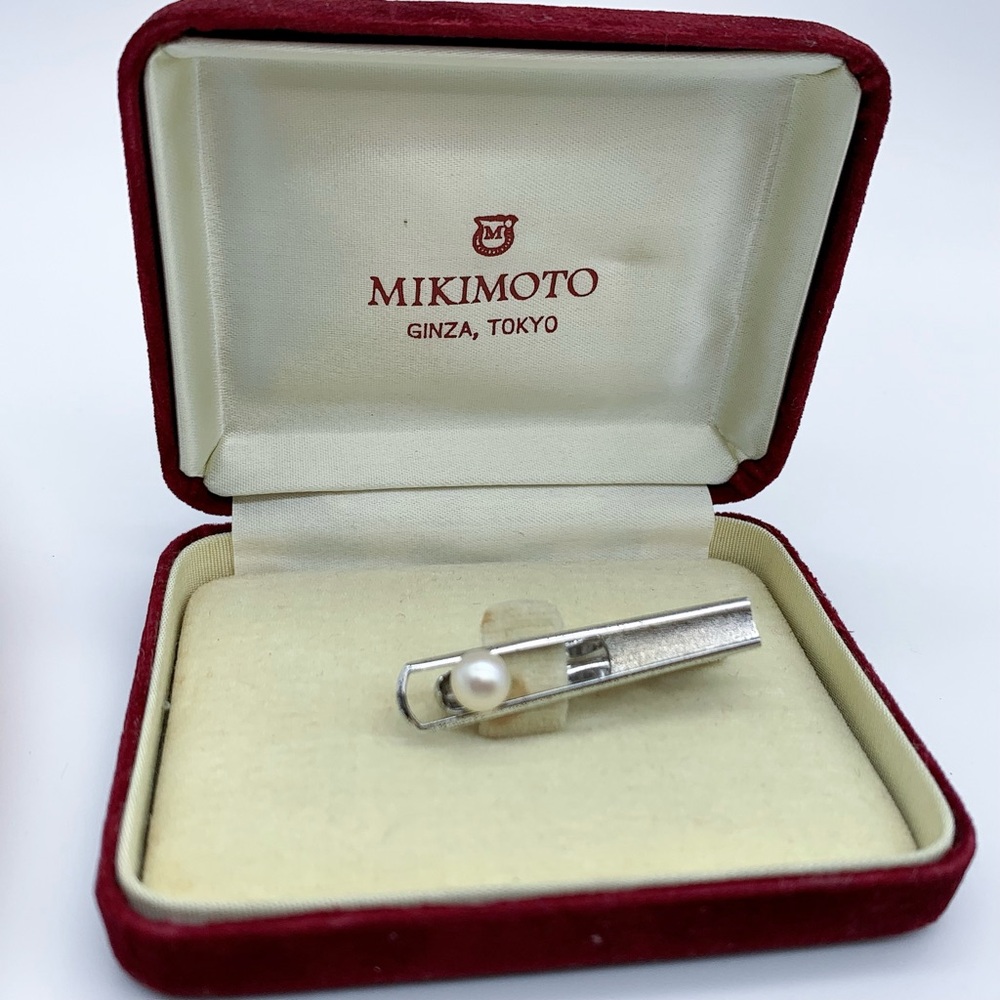 Vintage Mikimoto Genuine Pearl Silver Tie Clip
